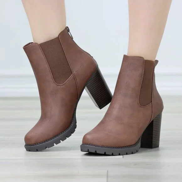 Womens Ankle Boots Lug Block Heel Brown Synthetic Leather Round Toe Elastic Gore - Picture 6 of 11